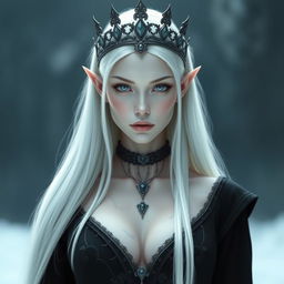 An elegant, cold elf queen with very pale, clear skin and long white-blonde straight hair