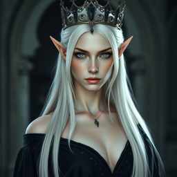 An elegant, cold elf queen with very pale, clear skin and long white-blonde straight hair