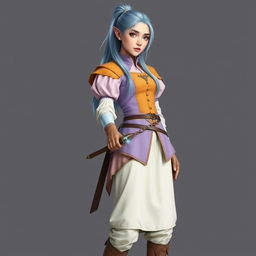 A tall, beautiful, pale-skinned high-elf woman with long, light blue hair tied up in a ponytail and grey eyes