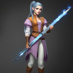 A tall, beautiful, pale-skinned high-elf woman with long, light blue hair tied up in a ponytail and grey eyes