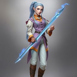 A tall, beautiful, pale-skinned high-elf woman with long, light blue hair tied up in a ponytail and grey eyes