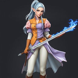 A tall, beautiful, pale-skinned high-elf woman with long, light blue hair tied up in a ponytail and grey eyes