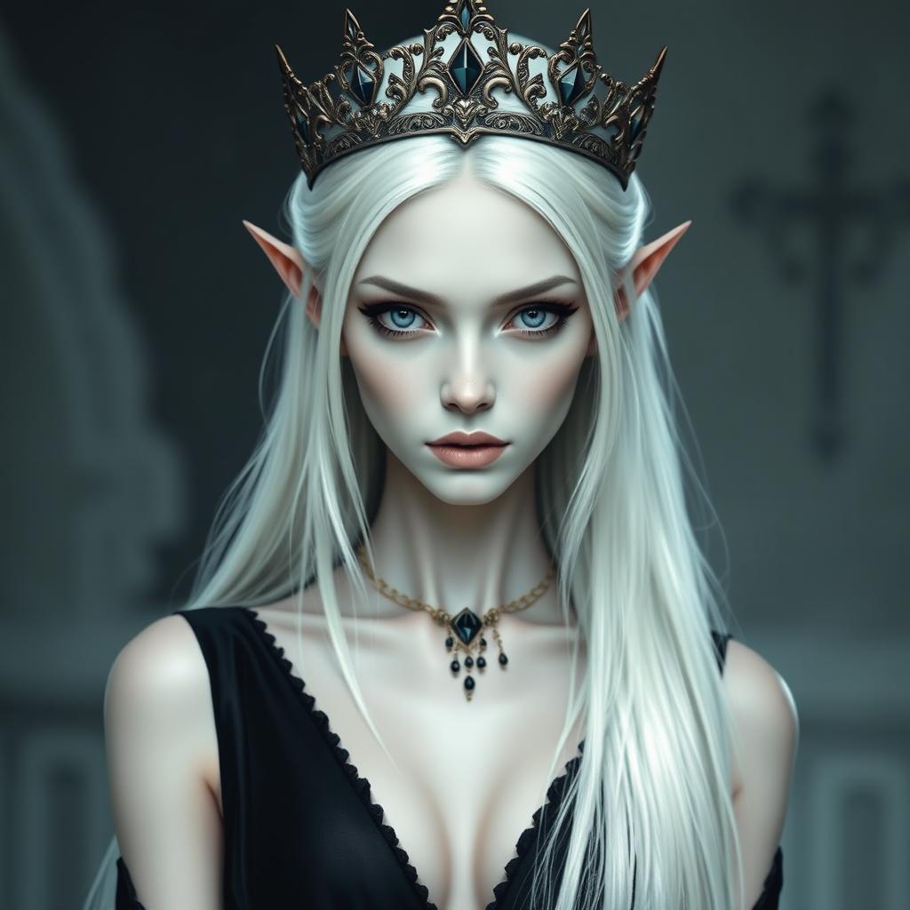 An elegant, cold elf queen with very pale, clear skin and long white-blonde straight hair