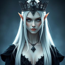 An elegant, cold elf queen with very pale, clear skin and long white-blonde straight hair