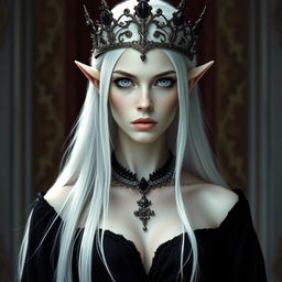 An elegant, cold elf queen with very pale, clear skin and long white-blonde straight hair