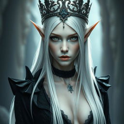 An elegant, cold elf queen with very pale, clear skin and long white-blonde straight hair