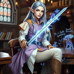 A tall, beautiful, pale-skinned high-elf woman with long, light blue hair and grey eyes