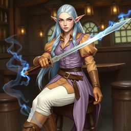 A tall, beautiful, pale-skinned high-elf woman with long, light blue hair and grey eyes