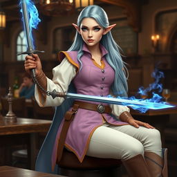 A tall, beautiful, pale-skinned high-elf woman with long, light blue hair and grey eyes