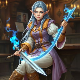 A tall, beautiful, pale-skinned high-elf woman with long, light blue hair and grey eyes