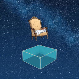 A chair and bed floating on top of a transparent floor, surrounded by an infinite expanse of trillions of stars