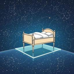 A chair and bed floating on top of a transparent floor, surrounded by an infinite expanse of trillions of stars