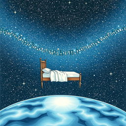 A chair and bed floating on top of a transparent floor, surrounded by an infinite expanse of trillions of stars