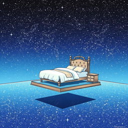 A chair and bed floating on top of a transparent floor, surrounded by an infinite expanse of trillions of stars