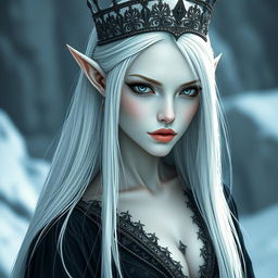 An elegant, cold elf queen with very pale, clear skin and long white-blonde straight hair