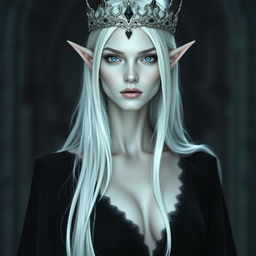 An elegant, cold elf queen with very pale, clear skin and long white-blonde straight hair