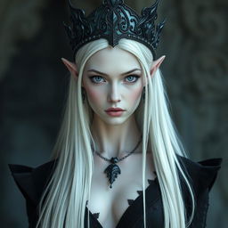 An elegant, cold elf queen with very pale, clear skin and long white-blonde straight hair