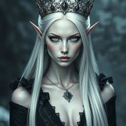 An elegant, cold elf queen with very pale, clear skin and long white-blonde straight hair