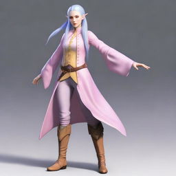 A tall, beautiful, pale-skinned high-elf woman with long, light blue hair tied up in a ponytail and grey eyes
