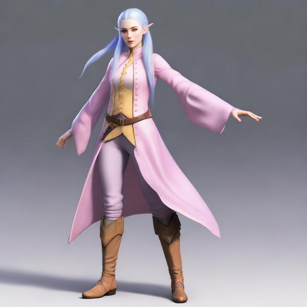 A tall, beautiful, pale-skinned high-elf woman with long, light blue hair tied up in a ponytail and grey eyes