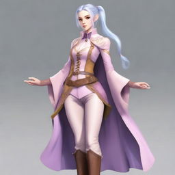 A tall, beautiful, pale-skinned high-elf woman with long, light blue hair tied up in a ponytail and grey eyes