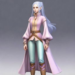 A tall, beautiful, pale-skinned high-elf woman with long, light blue hair tied up in a ponytail and grey eyes