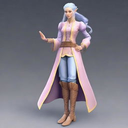 A tall, beautiful, pale-skinned high-elf woman with long, light blue hair tied up in a ponytail and grey eyes