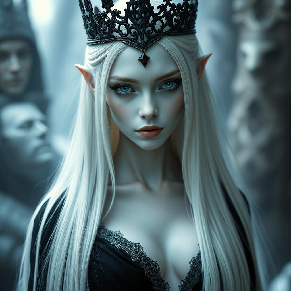 An elegant, cold elf queen with very pale, clear skin and long white-blonde straight hair