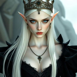 An elegant, cold elf queen with very pale, clear skin and long white-blonde straight hair