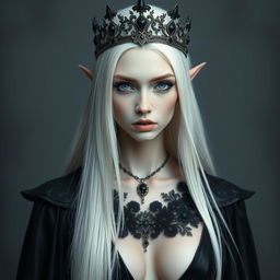 An elegant, cold elf queen with very pale, clear skin and long white-blonde straight hair