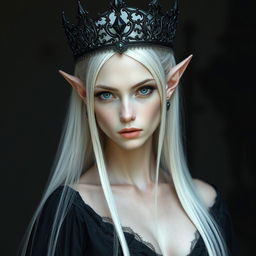 An elegant, cold elf queen with very pale, clear skin and long white-blonde straight hair