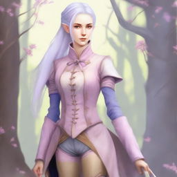 A tall, beautiful, pale-skinned high-elf woman with long, light blue hair tied up in a ponytail and grey eyes