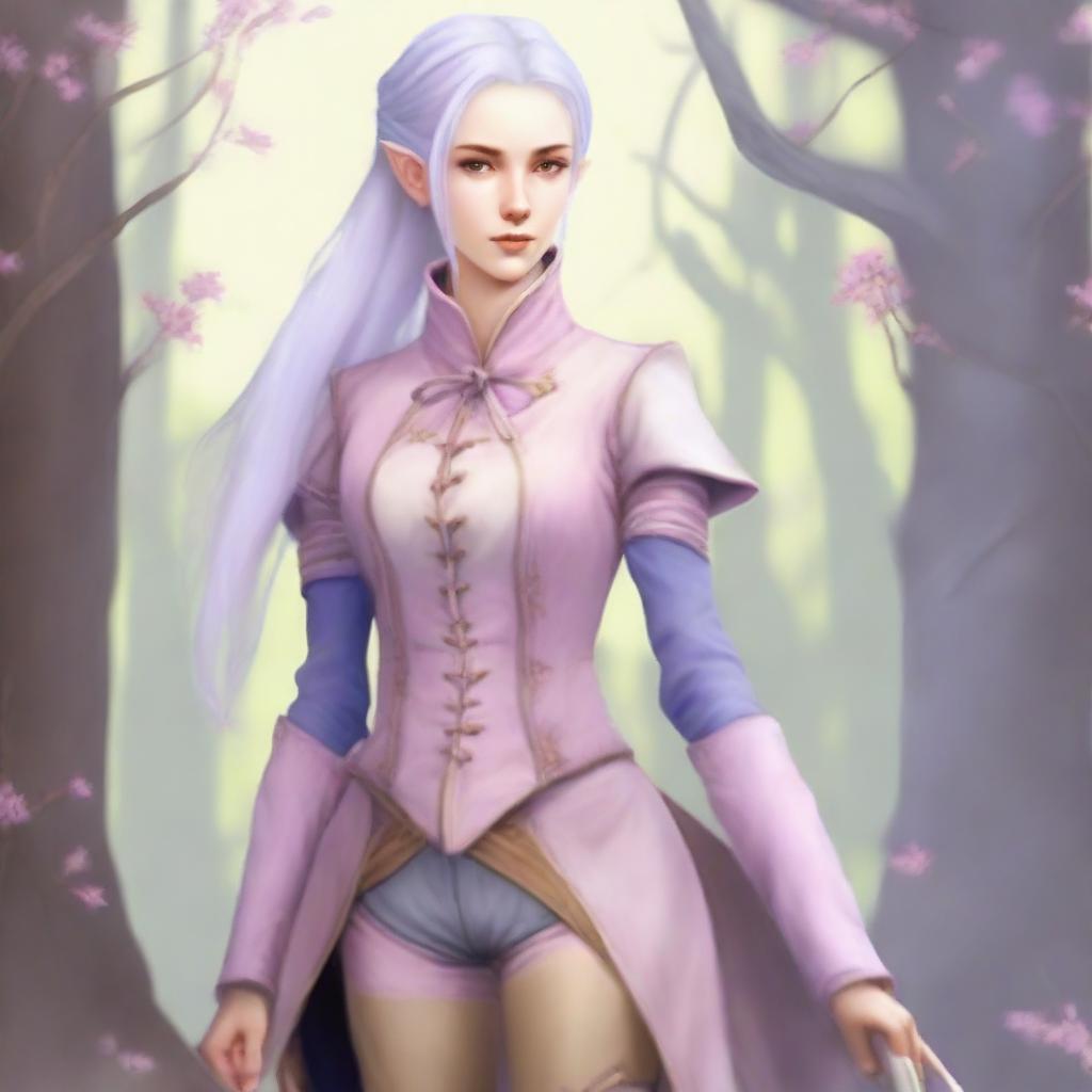 A tall, beautiful, pale-skinned high-elf woman with long, light blue hair tied up in a ponytail and grey eyes