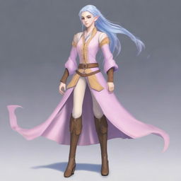 A tall, beautiful, pale-skinned high-elf woman with long, light blue hair tied up in a ponytail and grey eyes