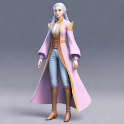 A tall, beautiful, pale-skinned high-elf woman with long, light blue hair tied up in a ponytail and grey eyes