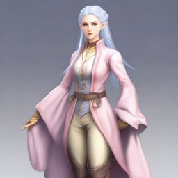 A tall, beautiful, pale-skinned high-elf woman with long, light blue hair tied up in a ponytail and grey eyes