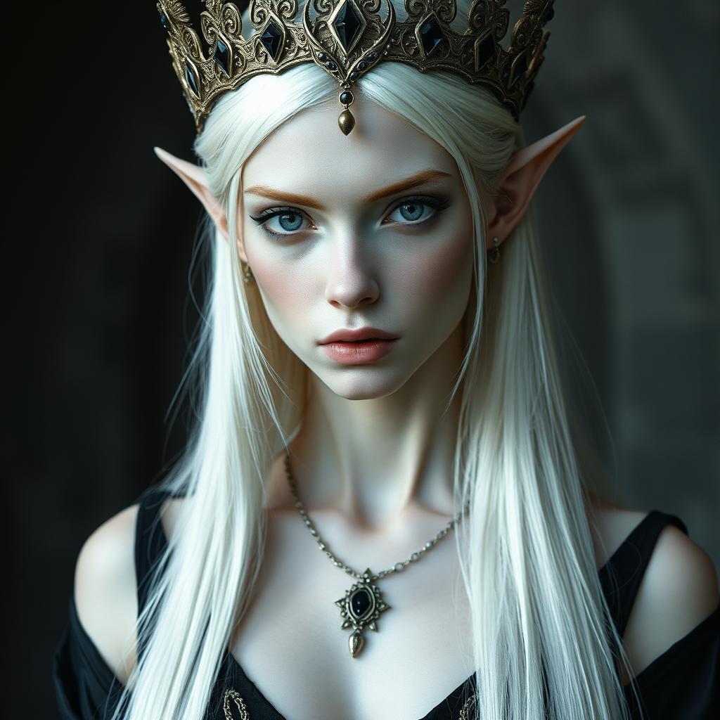 An elegant, cold elf queen with very pale, clear skin and long white-blonde straight hair