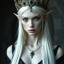 An elegant, cold elf queen with very pale, clear skin and long white-blonde straight hair