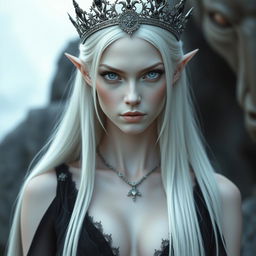 An elegant, cold elf queen with very pale, clear skin and long white-blonde straight hair