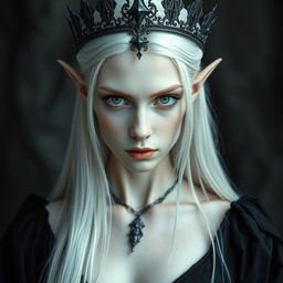 An elegant, cold elf queen with very pale, clear skin and long white-blonde straight hair