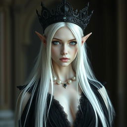 An elegant, cold elf queen with very pale, clear skin and long white-blonde straight hair