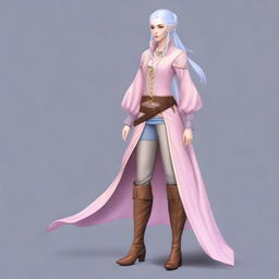 A tall, beautiful, pale-skinned high-elf woman with long, light blue hair tied up in a ponytail and grey eyes