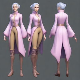 A tall, beautiful, pale-skinned high-elf woman with long, light blue hair tied up in a ponytail and grey eyes