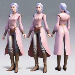 A tall, beautiful, pale-skinned high-elf woman with long, light blue hair tied up in a ponytail and grey eyes