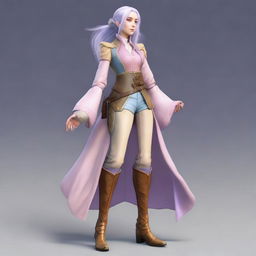 A tall, beautiful, pale-skinned high-elf woman with long, light blue hair tied up in a ponytail and grey eyes