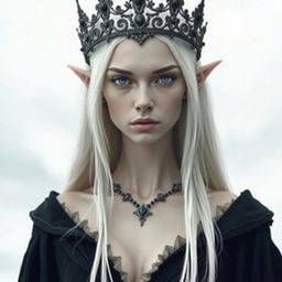 An elegant, cold elf queen with very pale, clear skin and long white-blonde straight hair