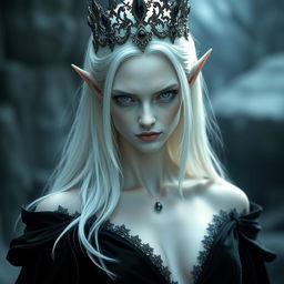 An elegant, cold elf queen with very pale, clear skin and long white-blonde straight hair