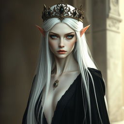 An elegant, cold elf queen with very pale, clear skin and long white-blonde straight hair