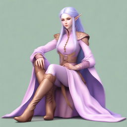 A tall, beautiful, pale-skinned high-elf woman with long, light blue hair and grey eyes