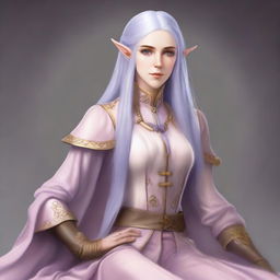 A tall, beautiful, pale-skinned high-elf woman with long, light blue hair and grey eyes